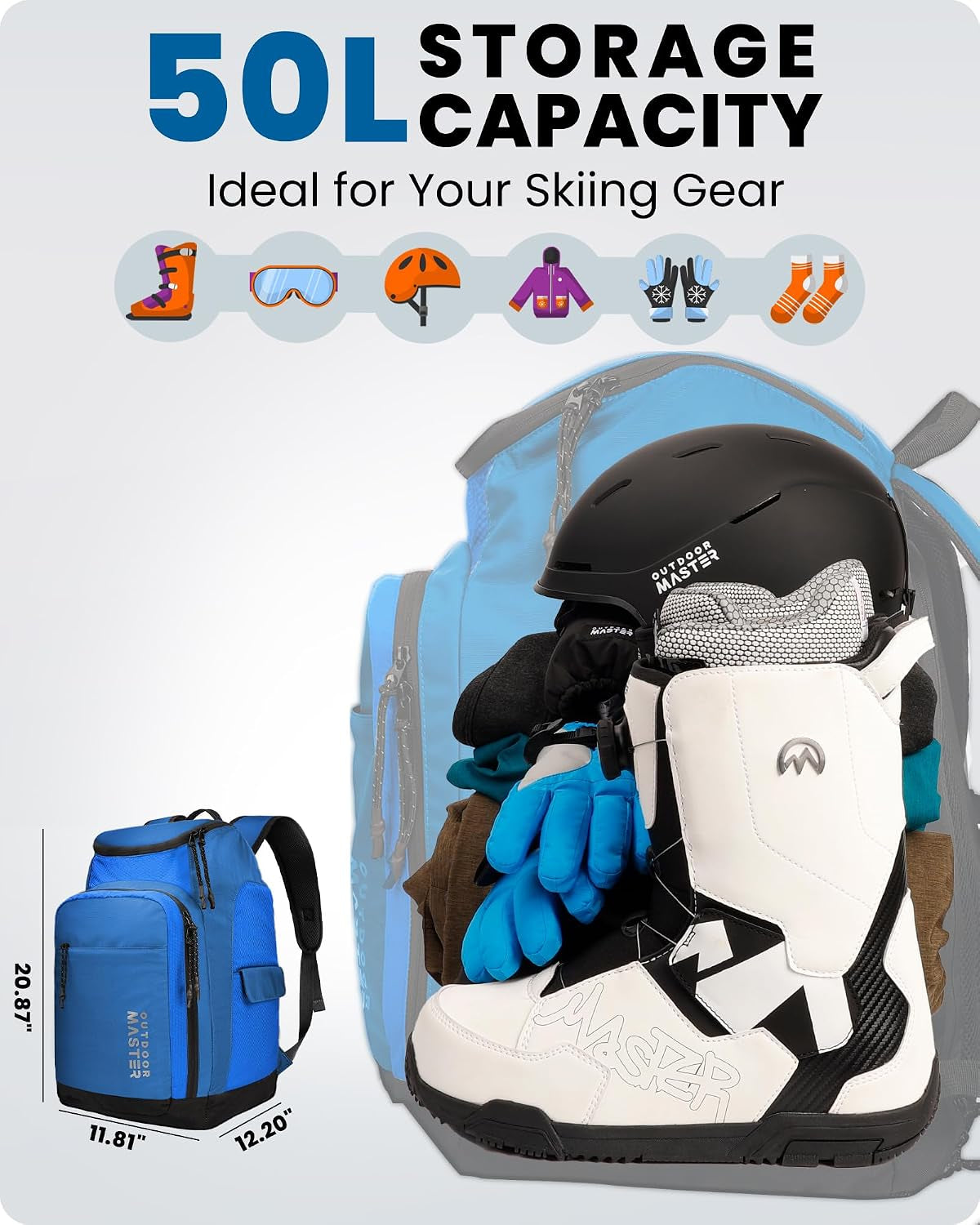 Ouoormaster 50L Ski Boots Bag Snowboard Boots Backpack for Travel LYNX | 3 Separate Rooms, 3 Quick-Access Pockets, Splash Proof Fabric, Thickened Back Panel, Ski Gears Bag Men, Women, Youth