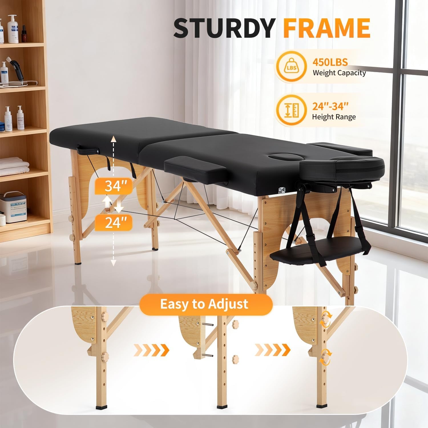 Massage Bed Portable Folding Massage Table 24" Wide,Black | | 2-Fold Lash Bed Height-Adjustable with Carry Bag, 450Lbs Capacity for Massage, Facial, Tattoo, Home, Spa
