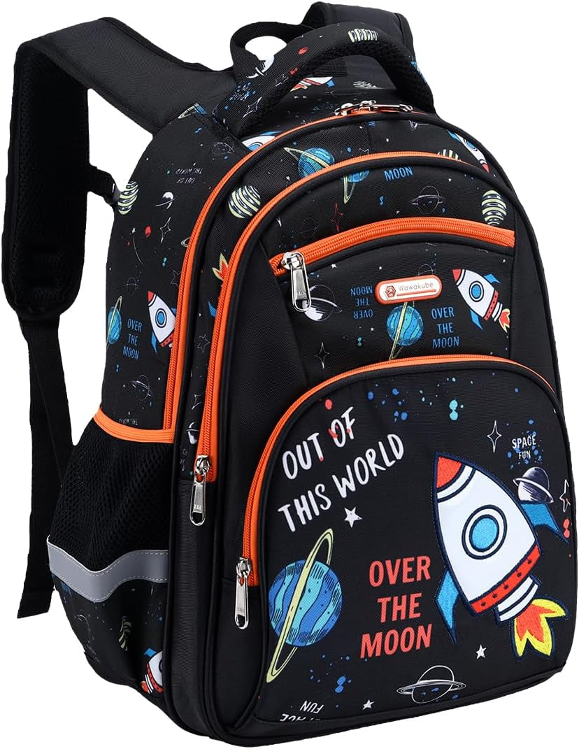 Kids Backpack for School Boys 6-10Age,16In Elementary Space Prints Bookbag | Kindergarten Lightweight Waterproof Large Capacity Sturdy Durable 6-Pockets Chest Buckle and Reflective Stripsfor Backpack