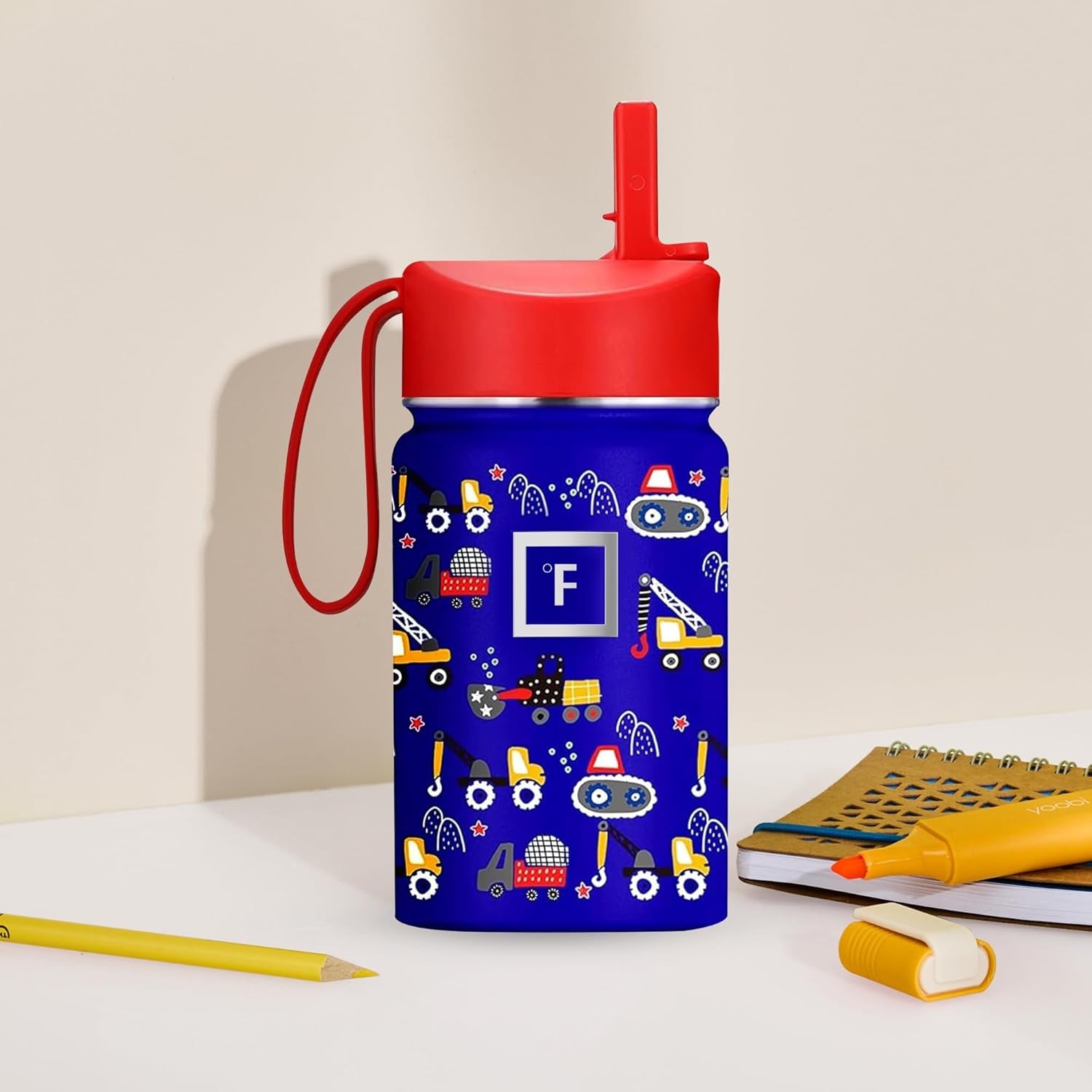 10 Oz Kids Insulated Water Bottle | Vacuum Insulated Kids Water Bottle with Leakproof Straw Lid & 20 Name Stickers - BPA Free (Dino Mates)