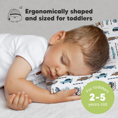 Toddler Pillow with Pillowcase, 13X18 My Little Dreamy Pillow (Vroom) | Kids Travel Bed Pillow for Sleep, Organic Cotton Small Pillowcase, Soft, Breathable, Machine Washable, Toddlers 2-5 Years Old