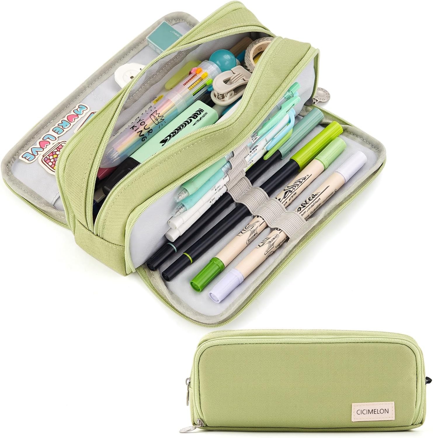 Large Capacity Pencil Case 3 Compartment Pouch Pen Bag for School Teen Girl Boy Men Women (Green)