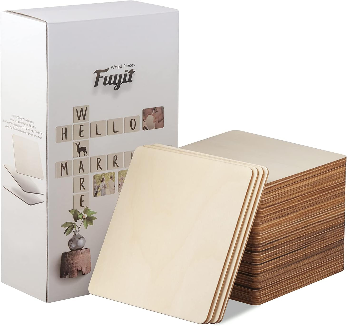 Unfinished Wood Pieces, Blank Wooden Squares for Crafts | 50Pcs 6X6 Inch Wood Boards, Natural Blank Surface, Painting & Lettering, DIY Crafts, Scrabble Tiles, Coasters & Signs