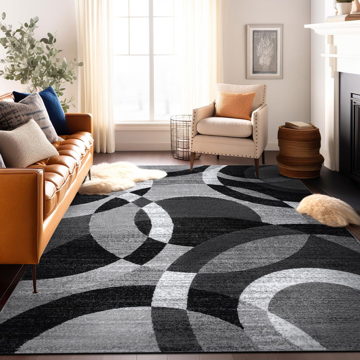 Abstract Circles Contemporary High Traffic Area Rug Gray 6'6" X 9' | Rectangular, Size 6'6" X 9', Living Room, Bedroom, Dining Room, Home Office, Kitchen, Entryway, Hallway, Nursery, Kids Room