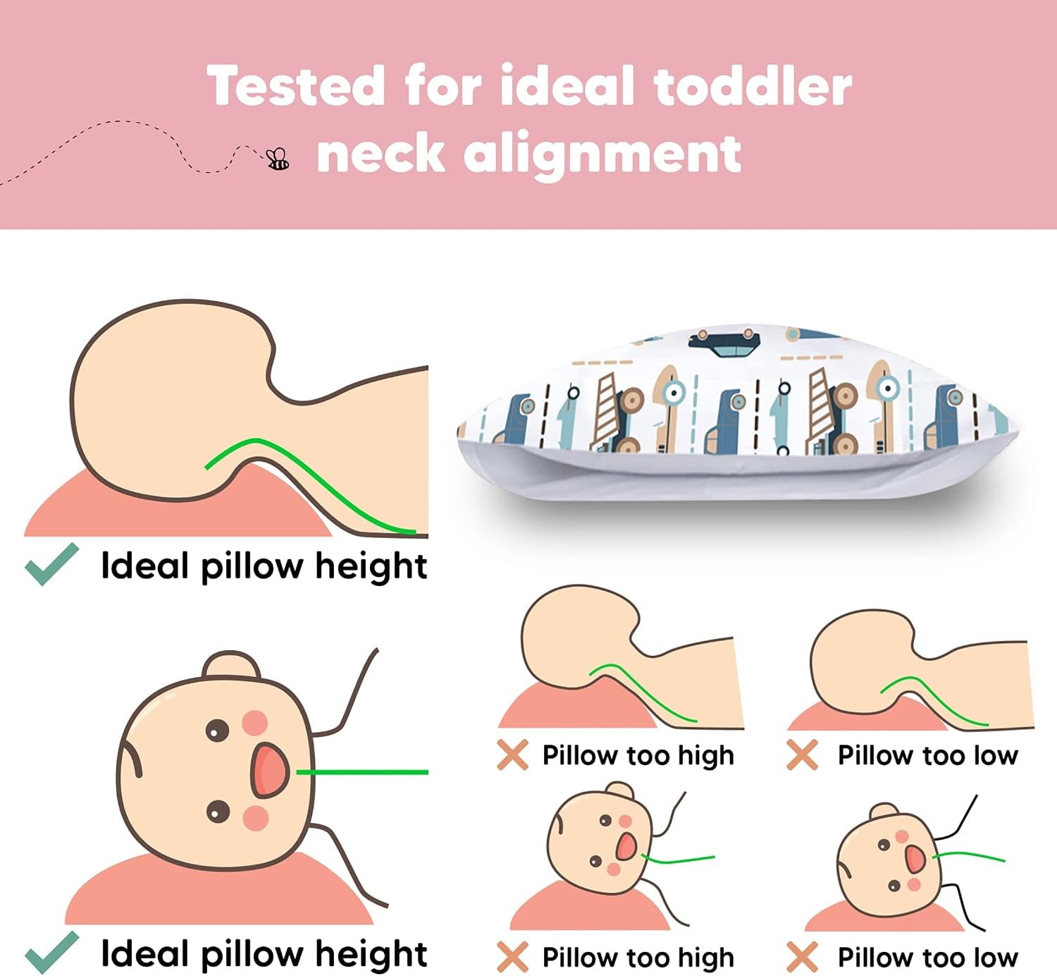 Toddler Pillow with Pillowcase, 13X18 My Little Dreamy Pillow (Vroom) | Kids Travel Bed Pillow for Sleep, Organic Cotton Small Pillowcase, Soft, Breathable, Machine Washable, Toddlers 2-5 Years Old