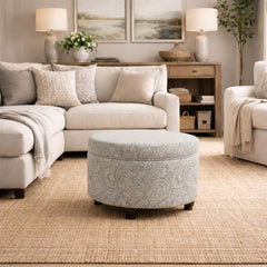 Home Decor | Upholstered round Storage Ottoman | Ottoman with Storage for Living Room & Bedroom, Gray Floral