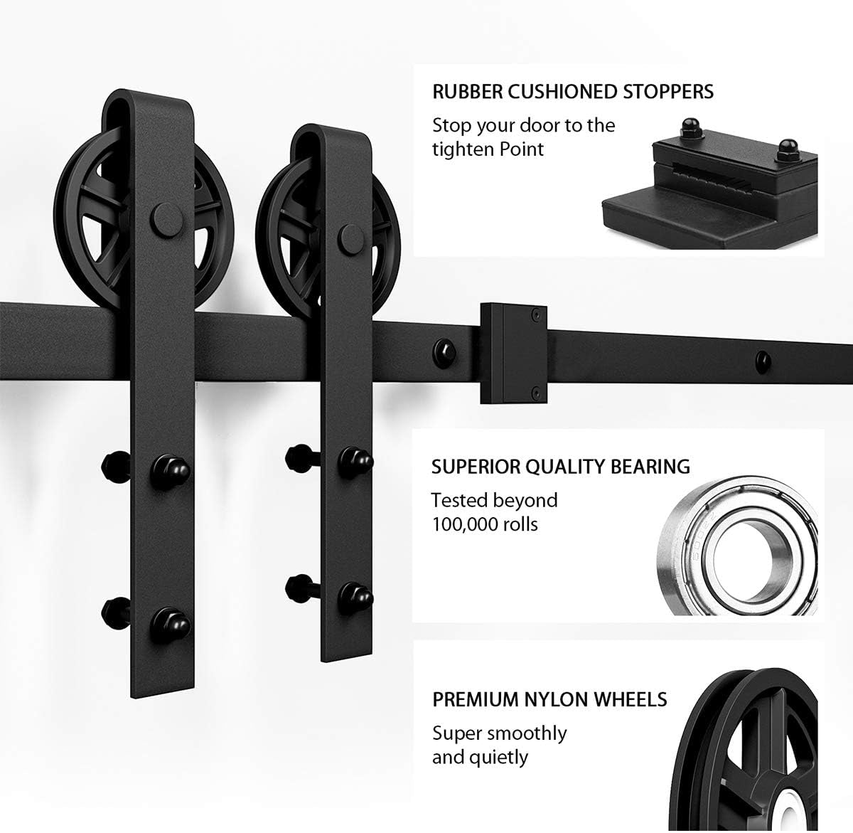 6 Feet Heavy Duty Sliding Barn Door Hardware Kit, 4FT - 18FT, Black, Smoothly and Quietly, Simple and Easy to Install, Fit 36" Wide Panel (Industrial Bigwheel Hangers) | 4FT - 18FT, Black, Smoothly and Quietly, Simple and Easy to Install, Fit 36" Wide Panel (Industrial Bigwheel Hangers)