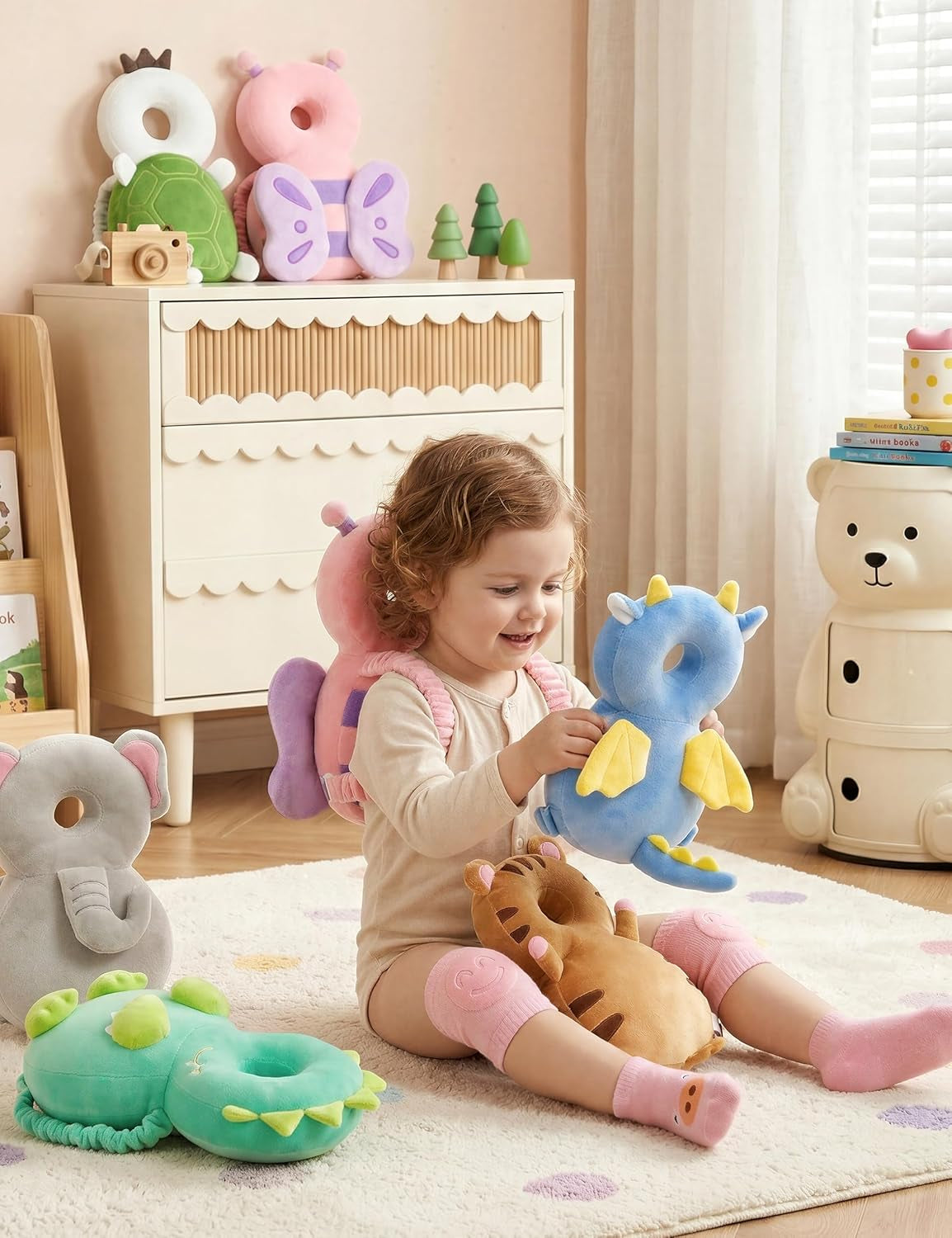 Baby Head Protector Backpack for 3 Knee Pads + 3 Socks, Elephant | Soft, Breathable, Adjustable,Baby Fall Back Head Protector with Knee Pads + Anti-Slip Socks for Crawling Walking Falling
