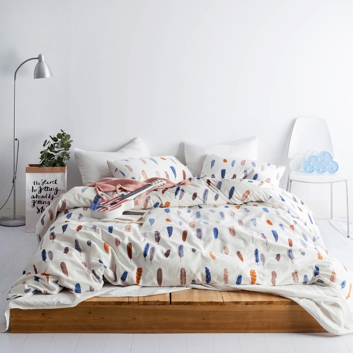 Bohemian Feather Duvet Cover Queen 100% Cotton 3 Pcs Set 1 Blue Brown Boho Duvet Cover with Zipper Ties 2 Pillowcases Abstract Aesthetic Orange Bird Plume Print Bedding Set Soft