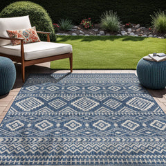 Waikiki Boho Indoor Outdoor Rug 5X7, Washable outside Carpet for Patio, Deck, Porch, Bohemian Area Rug, Farmhouse Rugs, Aztec Tribal Rug, Azure and White