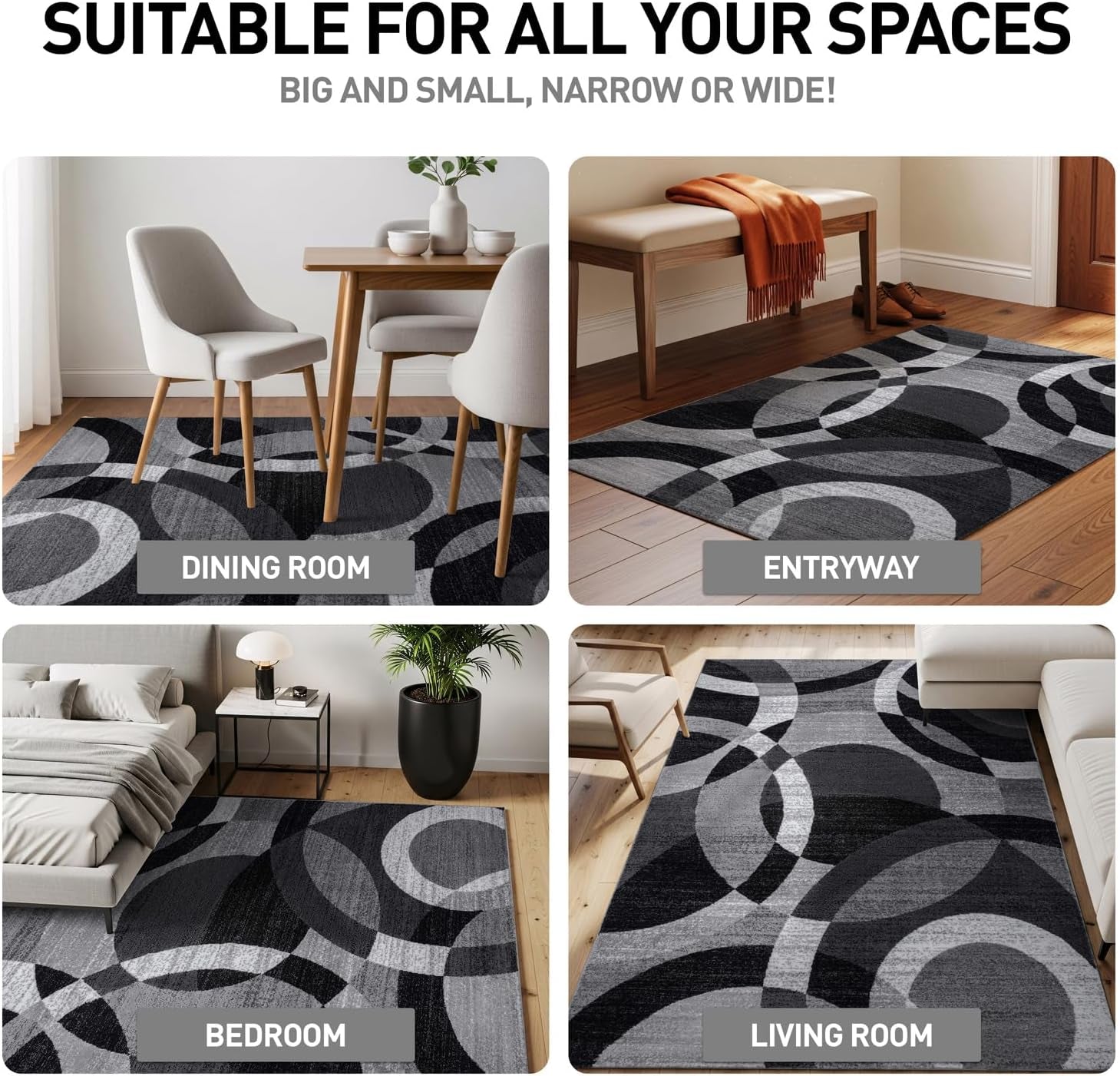 Abstract Circles Contemporary High Traffic Area Rug Gray 6'6" X 9' | Rectangular, Size 6'6" X 9', Living Room, Bedroom, Dining Room, Home Office, Kitchen, Entryway, Hallway, Nursery, Kids Room