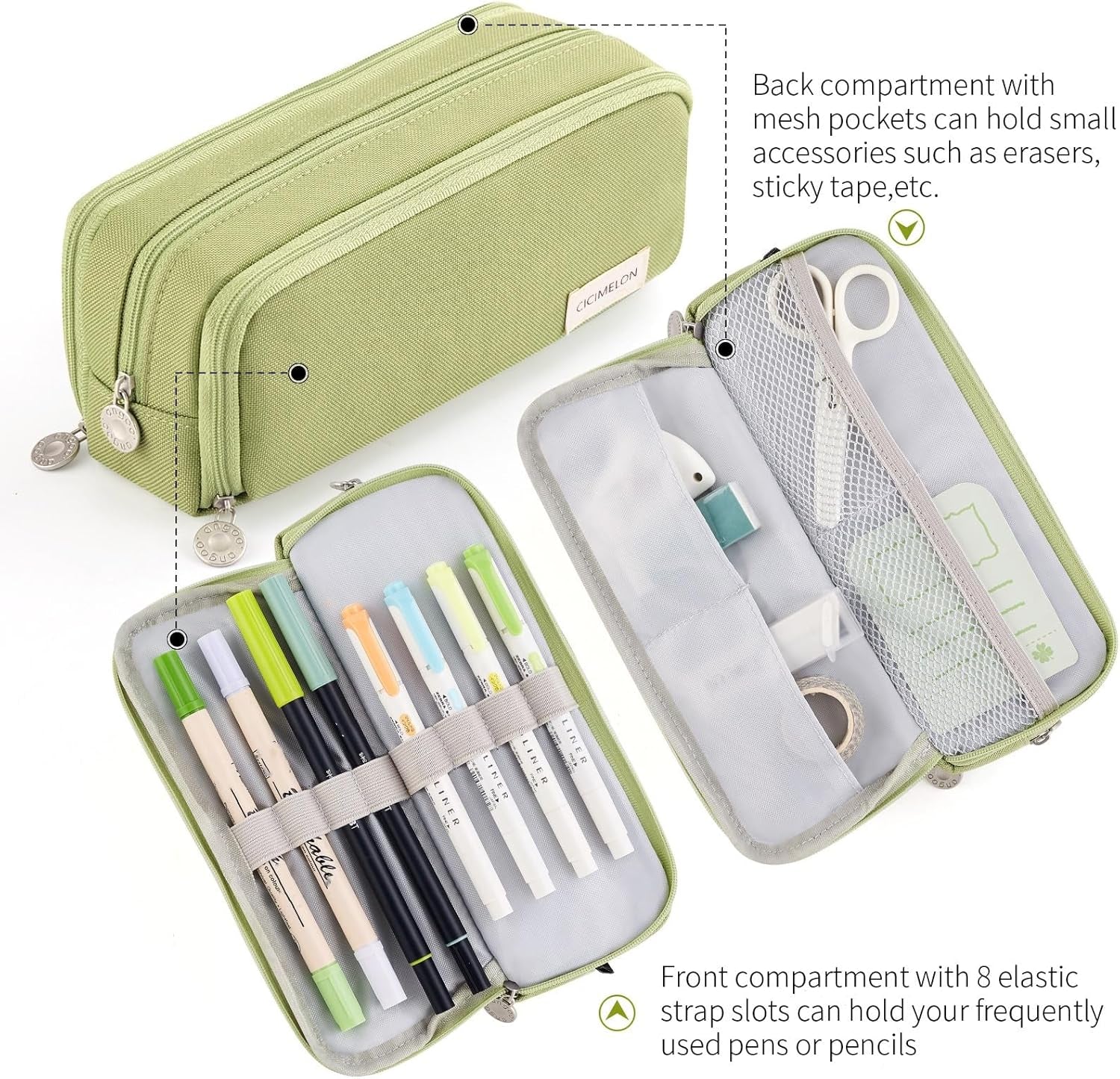 Large Capacity Pencil Case 3 Compartment Pouch Pen Bag for School Teen Girl Boy Men Women (Green)