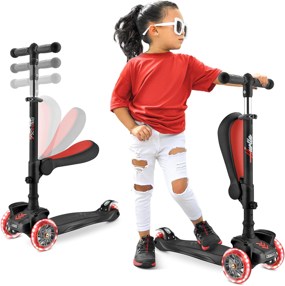 3-Wheeled Scooter for Kids - Wheel LED Lights, Adjustable Lean-To-Steer Handlebar, and Foldable Seat - Sit or Stand Ride with Brake for Boys and Girls Ages 1-14 Years Old