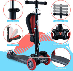 3-Wheeled Scooter for Kids - Wheel LED Lights, Adjustable Lean-To-Steer Handlebar, and Foldable Seat - Sit or Stand Ride with Brake for Boys and Girls Ages 1-14 Years Old