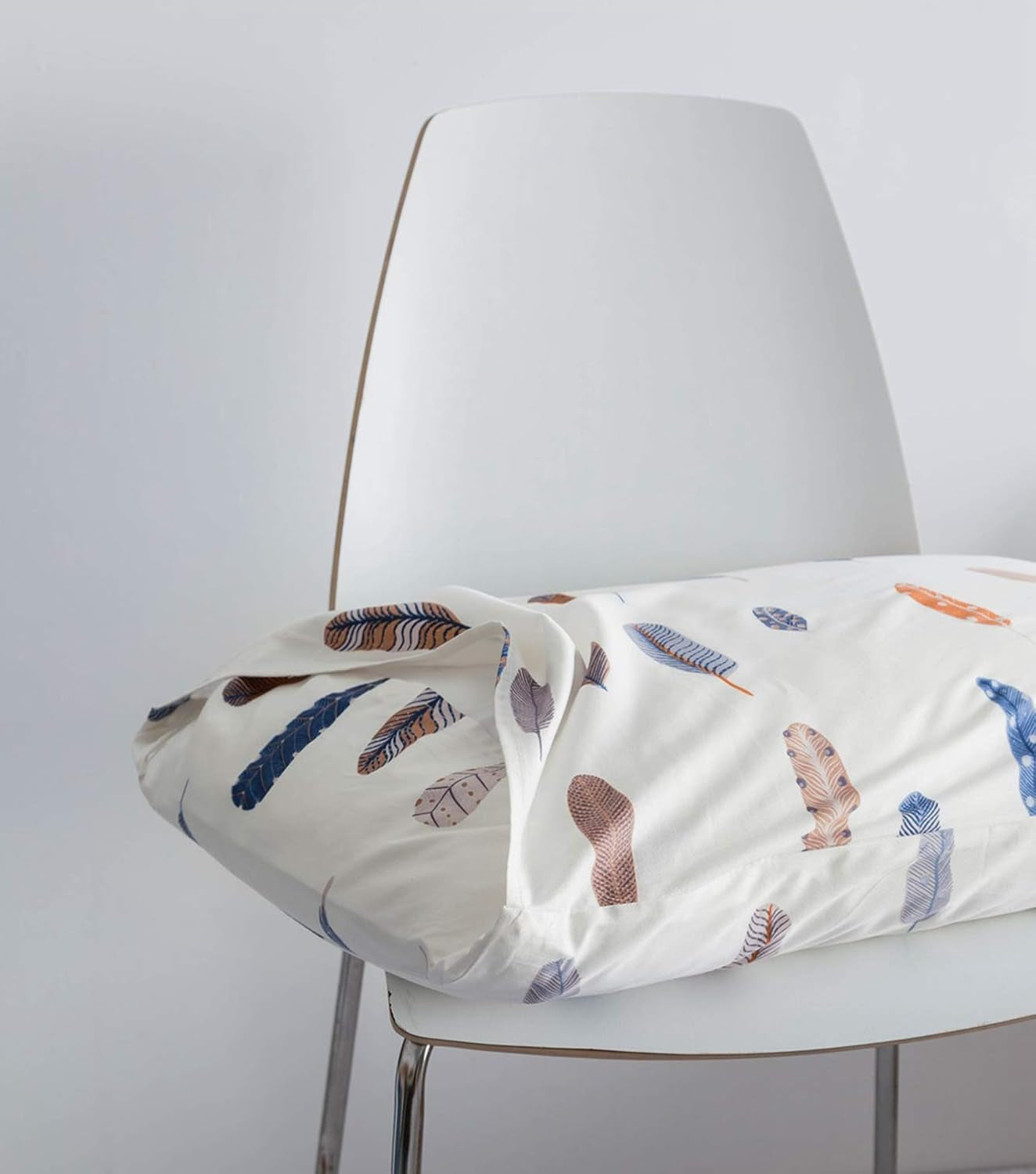 Bohemian Feather Duvet Cover Queen 100% Cotton 3 Pcs Set 1 Blue Brown Boho Duvet Cover with Zipper Ties 2 Pillowcases Abstract Aesthetic Orange Bird Plume Print Bedding Set Soft