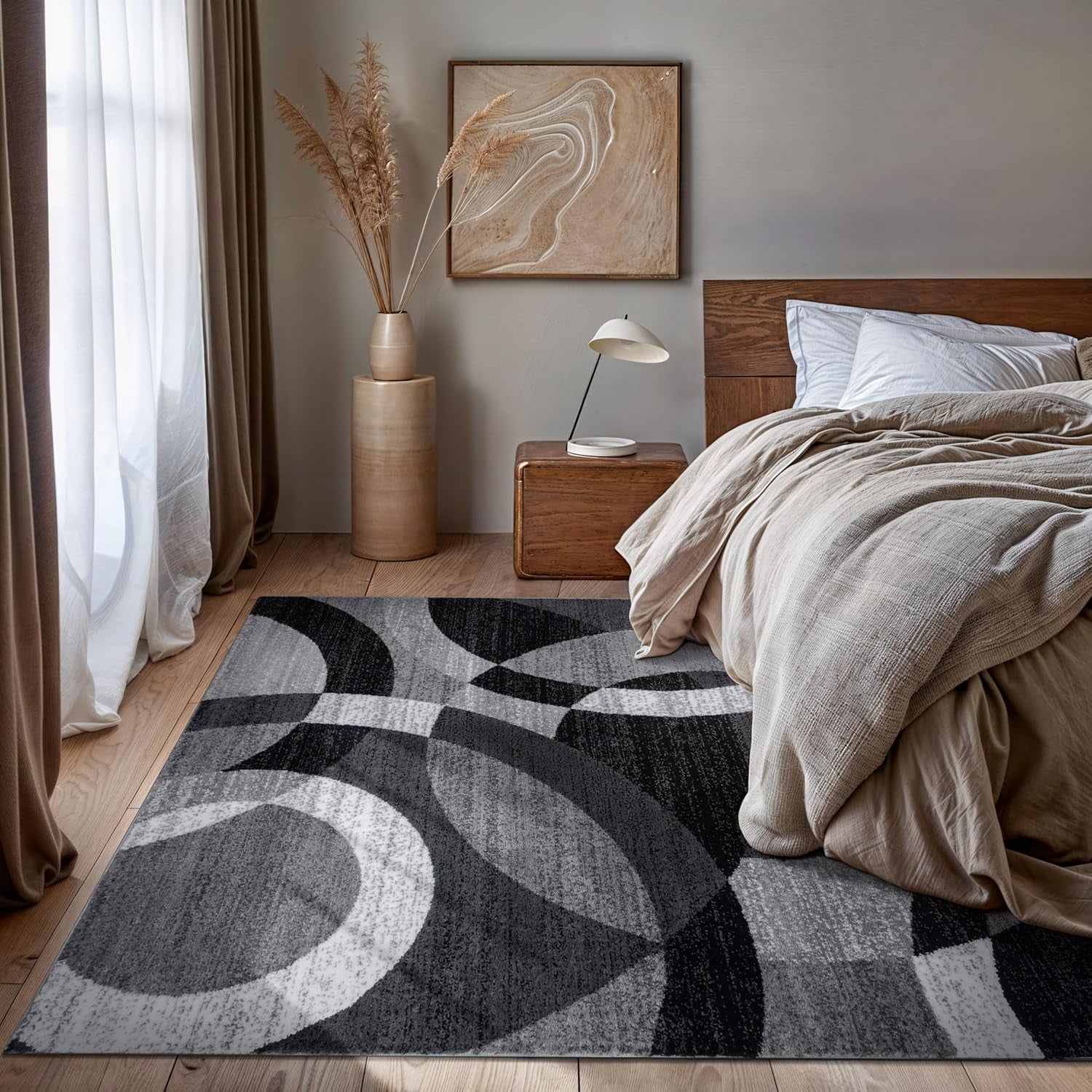 Abstract Circles Contemporary High Traffic Area Rug Gray 6'6" X 9' | Rectangular, Size 6'6" X 9', Living Room, Bedroom, Dining Room, Home Office, Kitchen, Entryway, Hallway, Nursery, Kids Room
