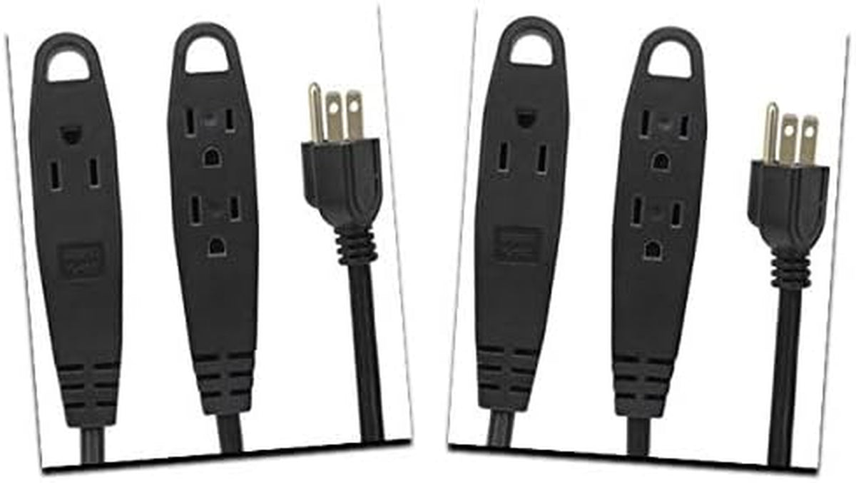 10 Feet Extension Cord/Wire, 3 Prong Grounded, 3 Outlets, Heavy Duty, Black (2 Pack)