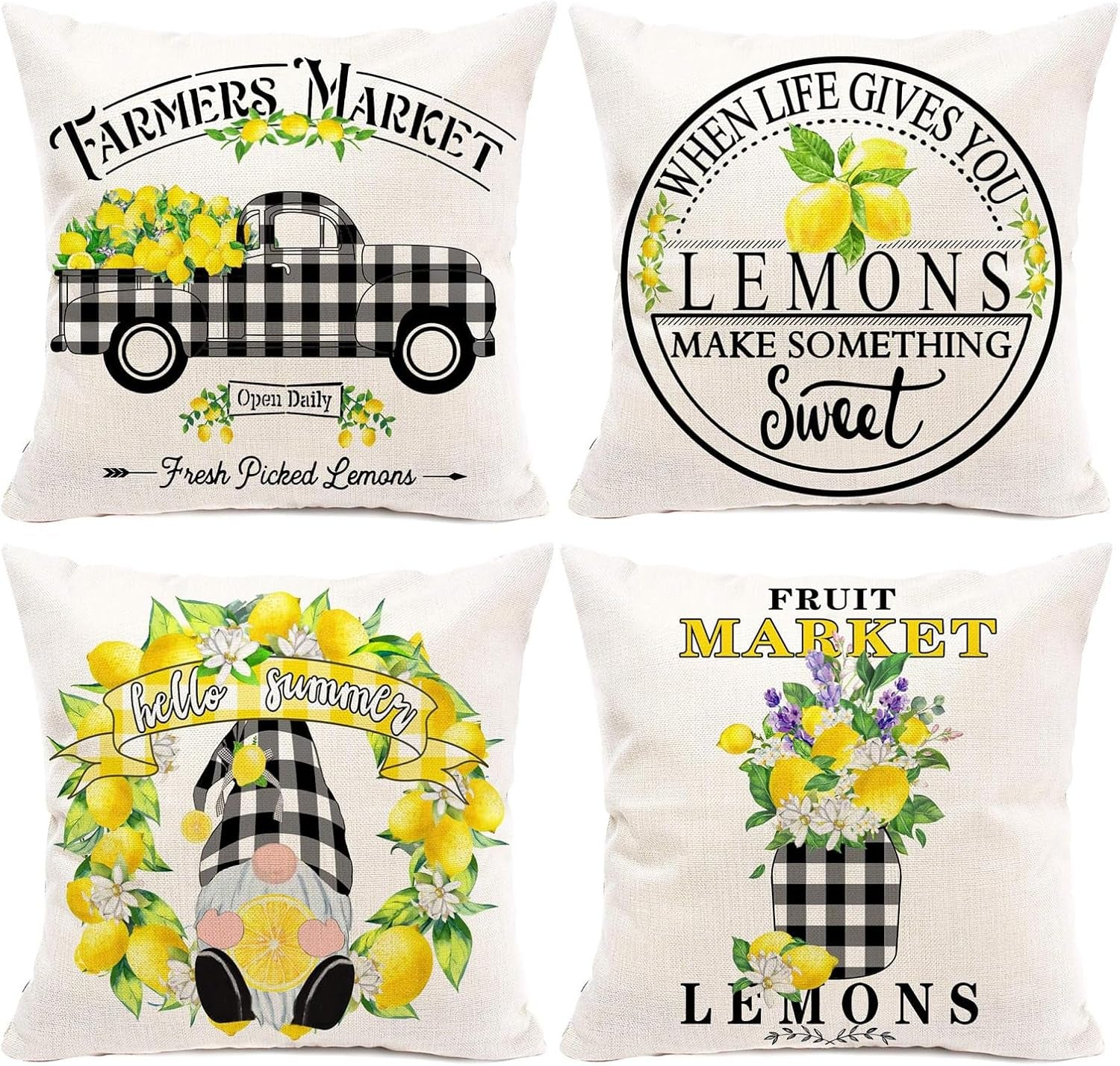 Summer Throw Pillow Covers 16X16, Lemon Pillow Covers(No Insert) | Set of 4, Outdoor Pillows Cover, Lemmon, Gnome, Truck, Farmhouse, Decorative Buffalo Plaid, Cushion, Bedroom, Indoor Decor