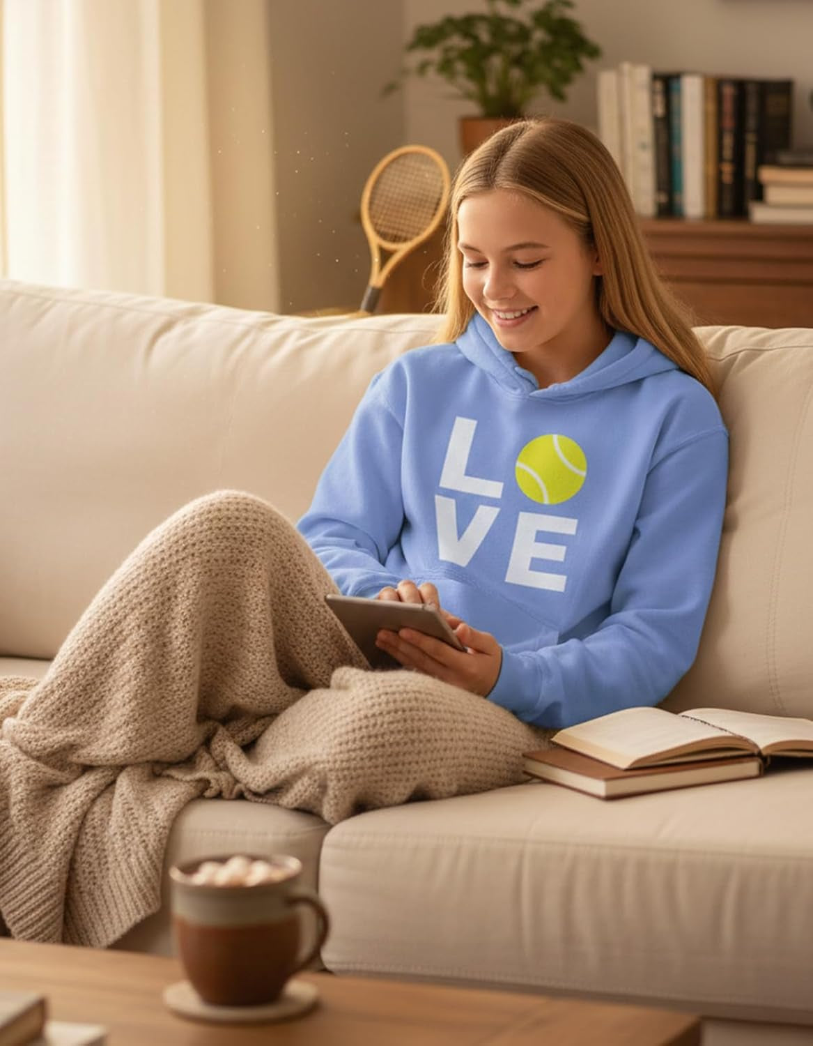 Love Tennis Hoodie Women Teen Girls Player Coach Fan Sporty Pullover | Cozy Fleece Tennis Hoodie; Great for Players, Coaches and Fans, Match Warmup, Game Day, Teen Girls Gift