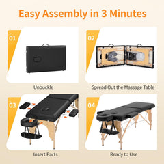 Massage Bed Portable Folding Massage Table 24" Wide,Black | | 2-Fold Lash Bed Height-Adjustable with Carry Bag, 450Lbs Capacity for Massage, Facial, Tattoo, Home, Spa