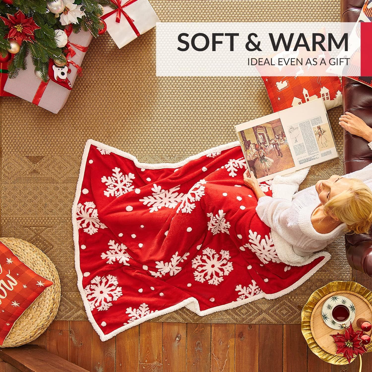 Christmas Blanket Sherpa Throw - 50X60 Red Snowflake - Soft, Cozy, Warm - Perfect for Holiday Clearance - Winter Decorations for Home