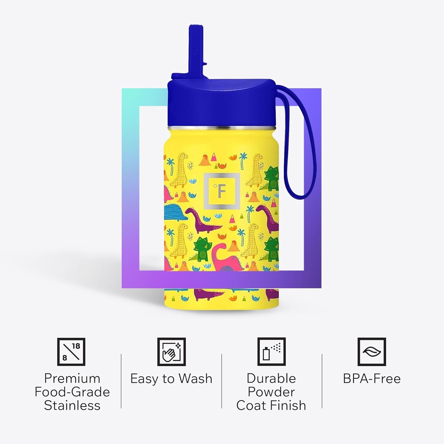 10 Oz Kids Insulated Water Bottle | Vacuum Insulated Kids Water Bottle with Leakproof Straw Lid & 20 Name Stickers - BPA Free (Dino Mates)