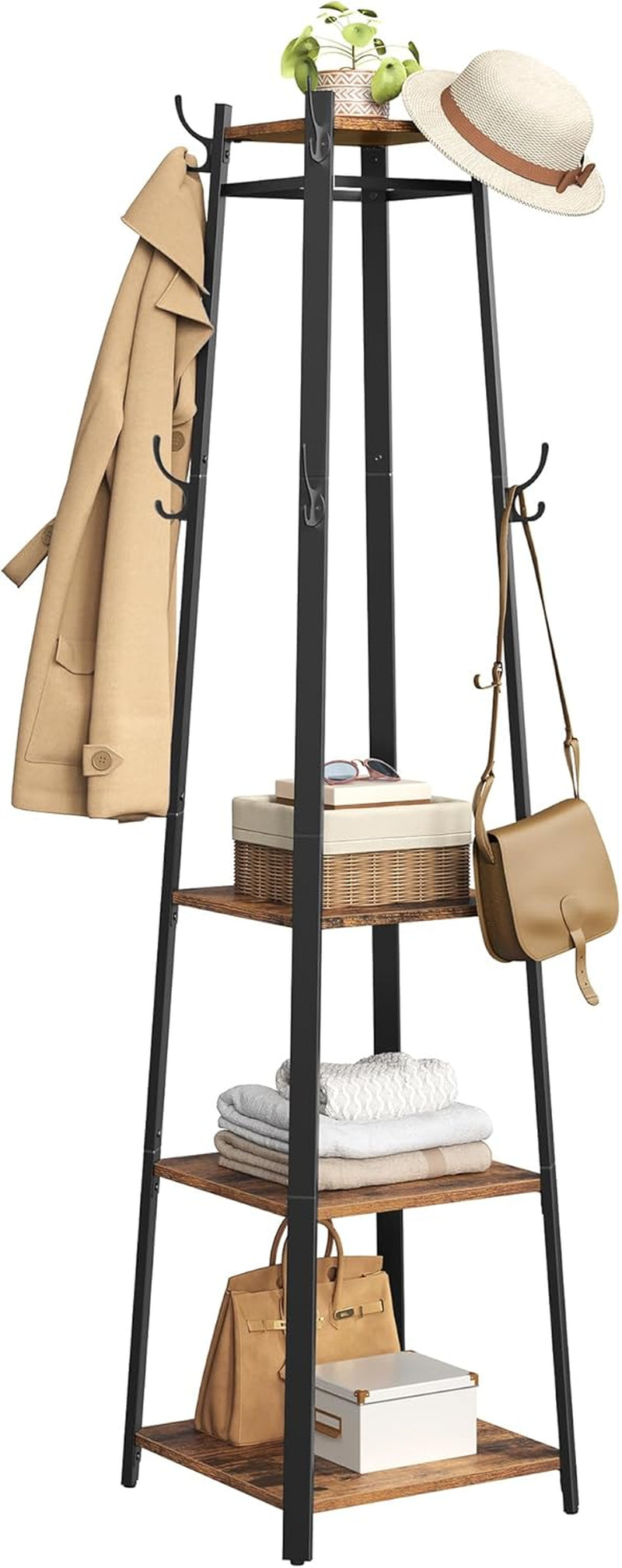 VASAGLE Coat Rack, Coat Stand with 3 Shelves, Hall Tree Free Standing with Hooks for Scarves, Bags, Umbrellas, Steel Frame, Industrial Style, for Entryway, Living Room, Rustic Brown and Black ULCR80X | Coat Hanger Stand, for Clothes, Hat, Bag, Modern Basic, Rustic Brown and Black, BARNET Collection ULCR80X