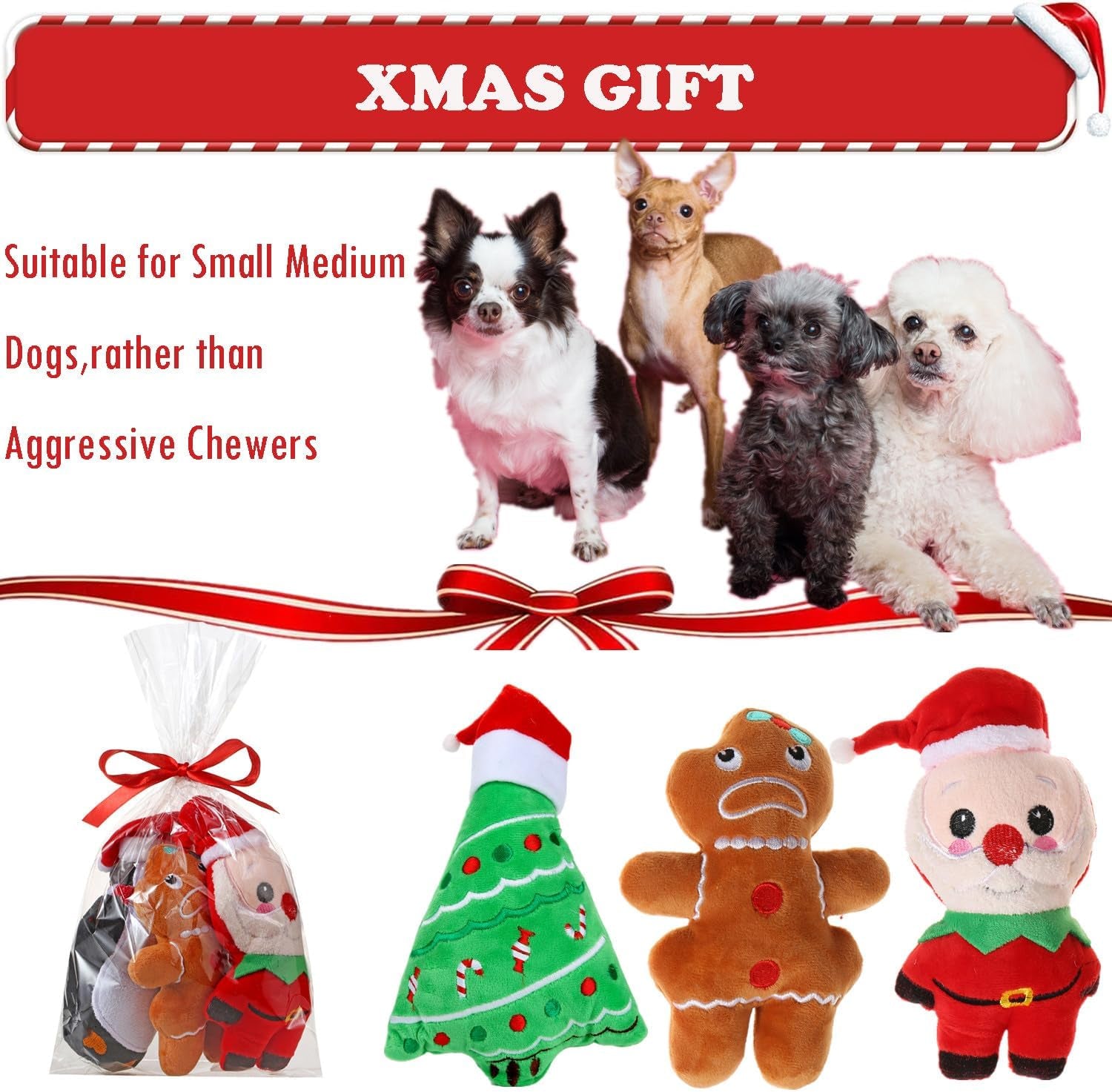 Small Dog Toy Christmas, Plush Squeaky Puppy Toy, Holiday Dog Toy Gift Set