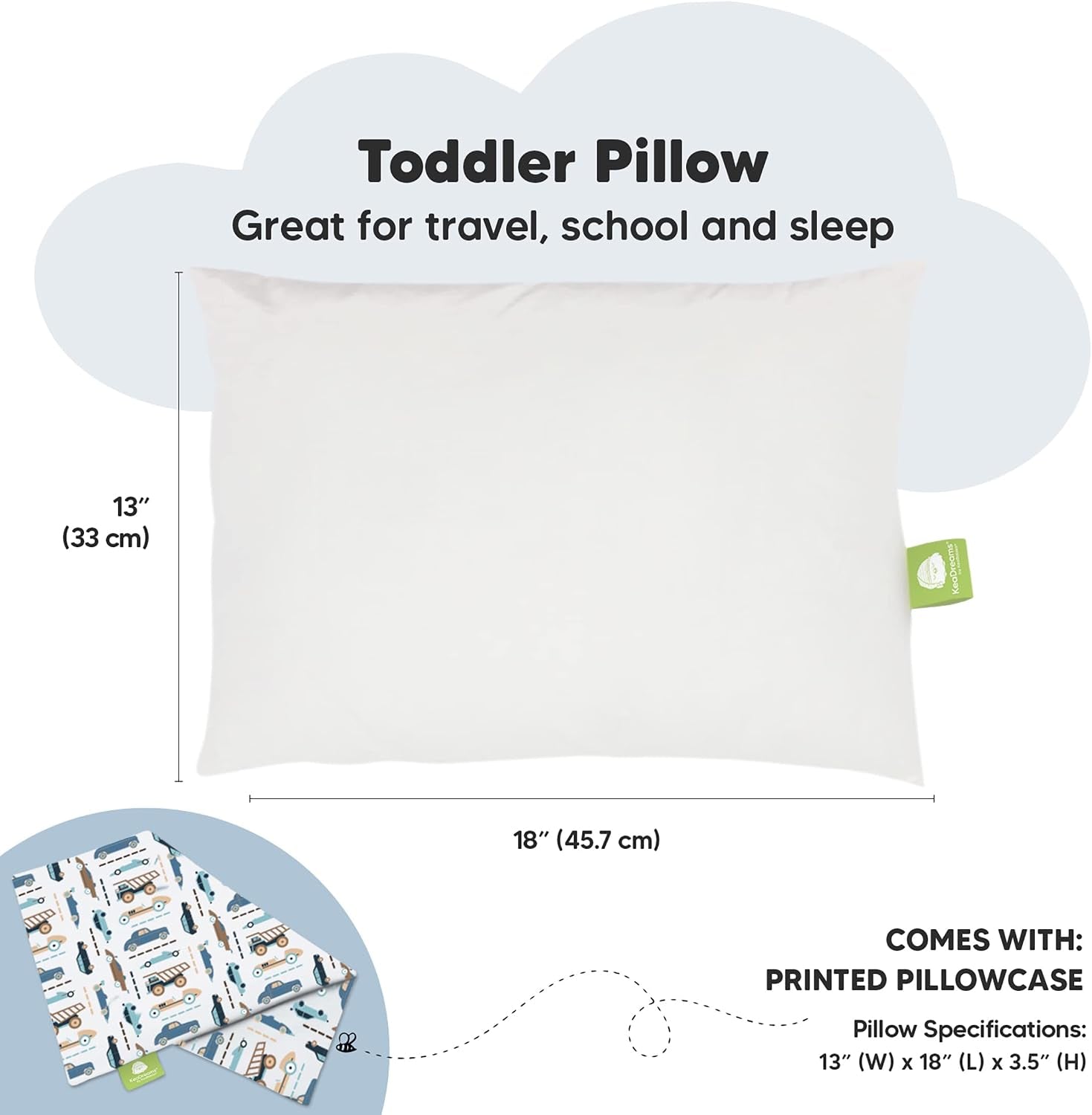 Toddler Pillow with Pillowcase, 13X18 My Little Dreamy Pillow (Vroom) | Kids Travel Bed Pillow for Sleep, Organic Cotton Small Pillowcase, Soft, Breathable, Machine Washable, Toddlers 2-5 Years Old