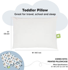 Toddler Pillow with Pillowcase, 13X18 My Little Dreamy Pillow (Vroom) | Kids Travel Bed Pillow for Sleep, Organic Cotton Small Pillowcase, Soft, Breathable, Machine Washable, Toddlers 2-5 Years Old