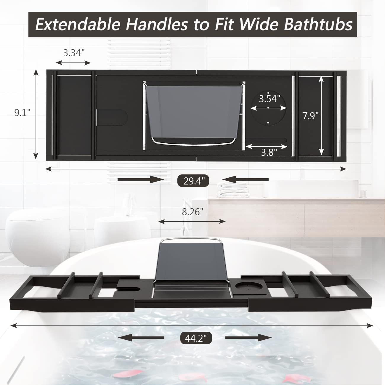 Bathtub Caddy Tray Expandable Bamboo Tub Tray for Luxury Bath with Book Holder and Free Soap Dish Black