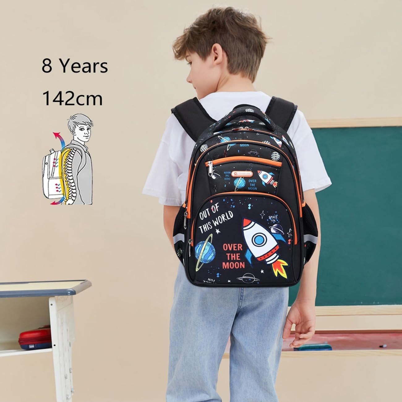 Kids Backpack for School Boys 6-10Age,16In Elementary Space Prints Bookbag | Kindergarten Lightweight Waterproof Large Capacity Sturdy Durable 6-Pockets Chest Buckle and Reflective Stripsfor Backpack
