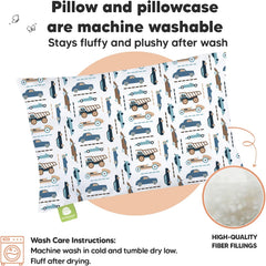 Toddler Pillow with Pillowcase, 13X18 My Little Dreamy Pillow (Vroom) | Kids Travel Bed Pillow for Sleep, Organic Cotton Small Pillowcase, Soft, Breathable, Machine Washable, Toddlers 2-5 Years Old