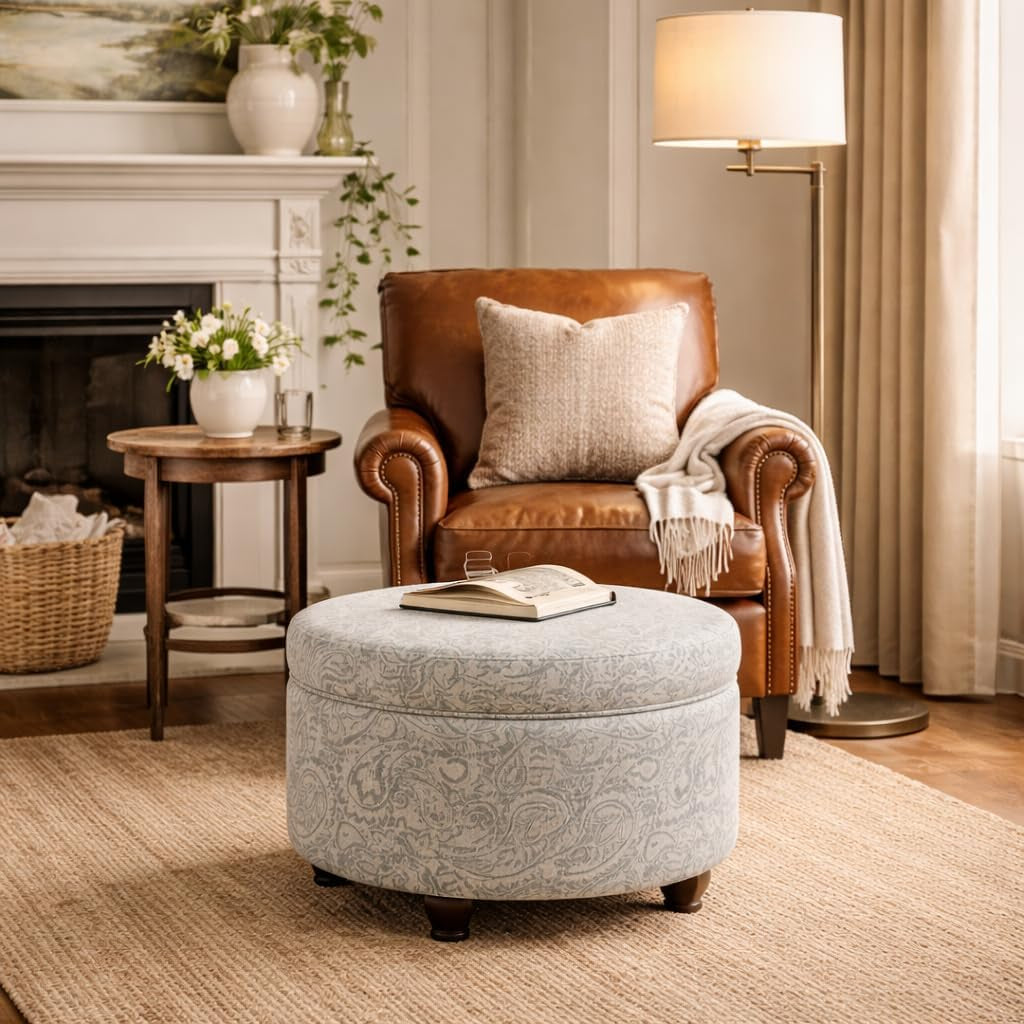 Home Decor | Upholstered round Storage Ottoman | Ottoman with Storage for Living Room & Bedroom, Gray Floral