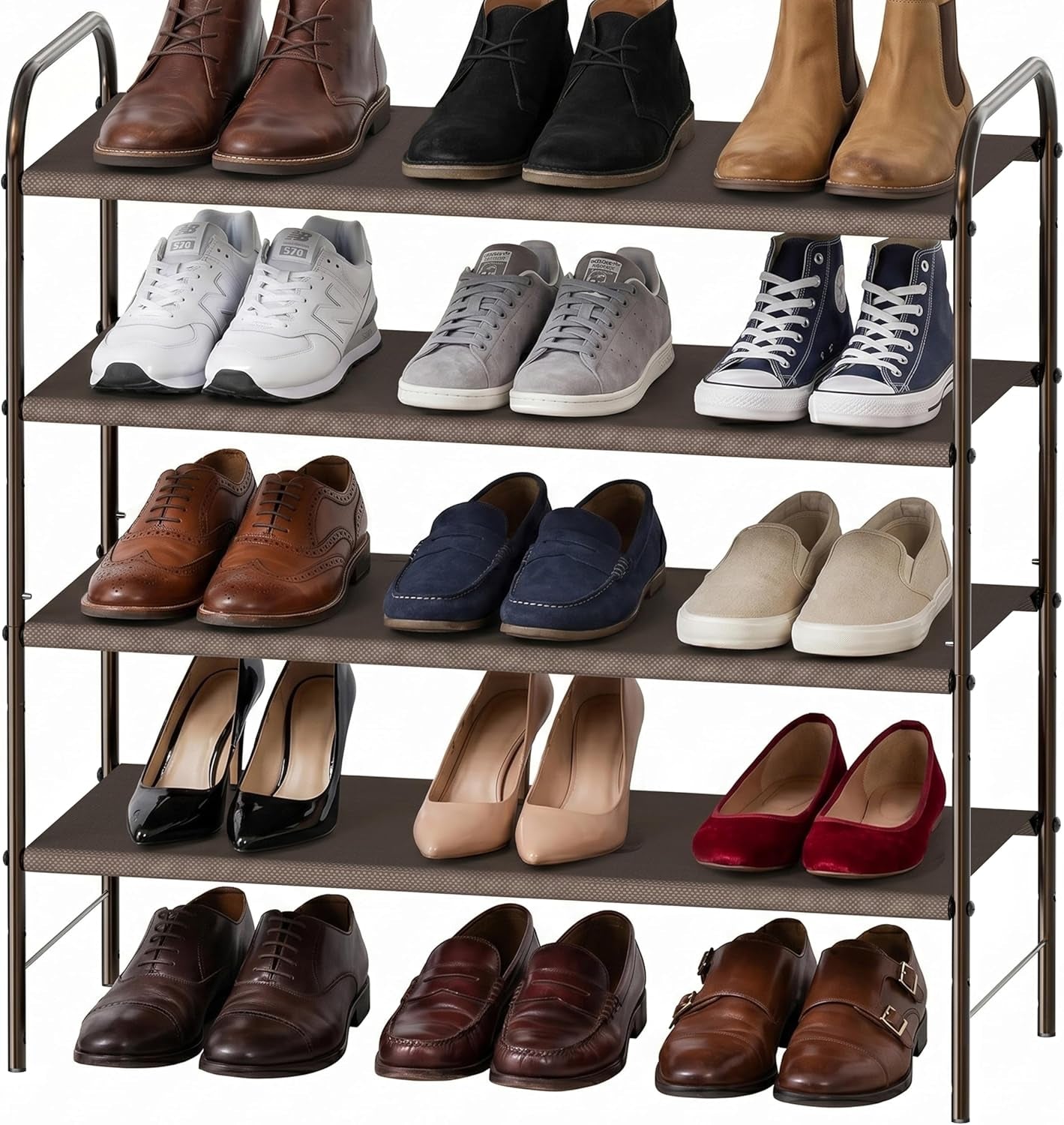 4-Tier Shoe Rack Storage Organizer, 12-20 Pair, Bronze | Space-Saving Shoe Shelf with Sturdy Metal Frame and Non-Woven Fabric Shelves for Entryway, Garage & Corridor