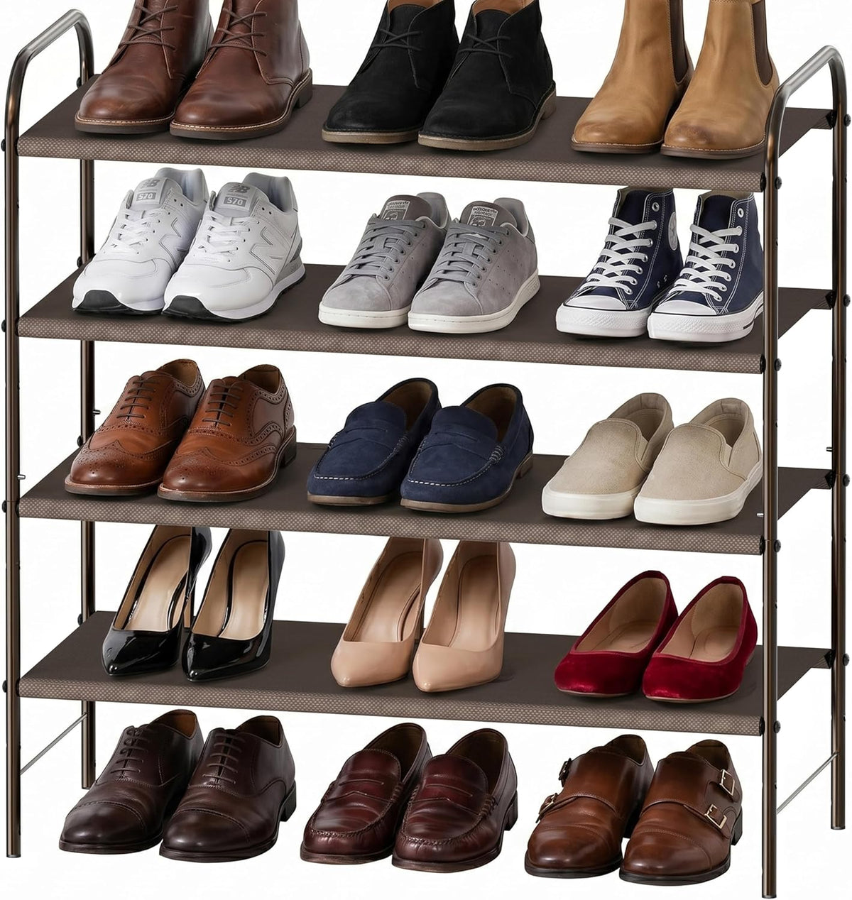 4-Tier Shoe Rack Storage Organizer, 12-20 Pair, Bronze | Space-Saving Shoe Shelf with Sturdy Metal Frame and Non-Woven Fabric Shelves for Entryway, Garage & Corridor