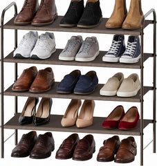 4-Tier Shoe Rack Storage Organizer, 12-20 Pair, Bronze | Space-Saving Shoe Shelf with Sturdy Metal Frame and Non-Woven Fabric Shelves for Entryway, Garage & Corridor