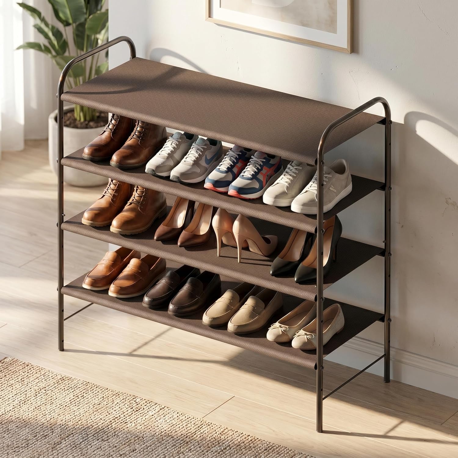 4-Tier Shoe Rack Storage Organizer, 12-20 Pair, Bronze | Space-Saving Shoe Shelf with Sturdy Metal Frame and Non-Woven Fabric Shelves for Entryway, Garage & Corridor