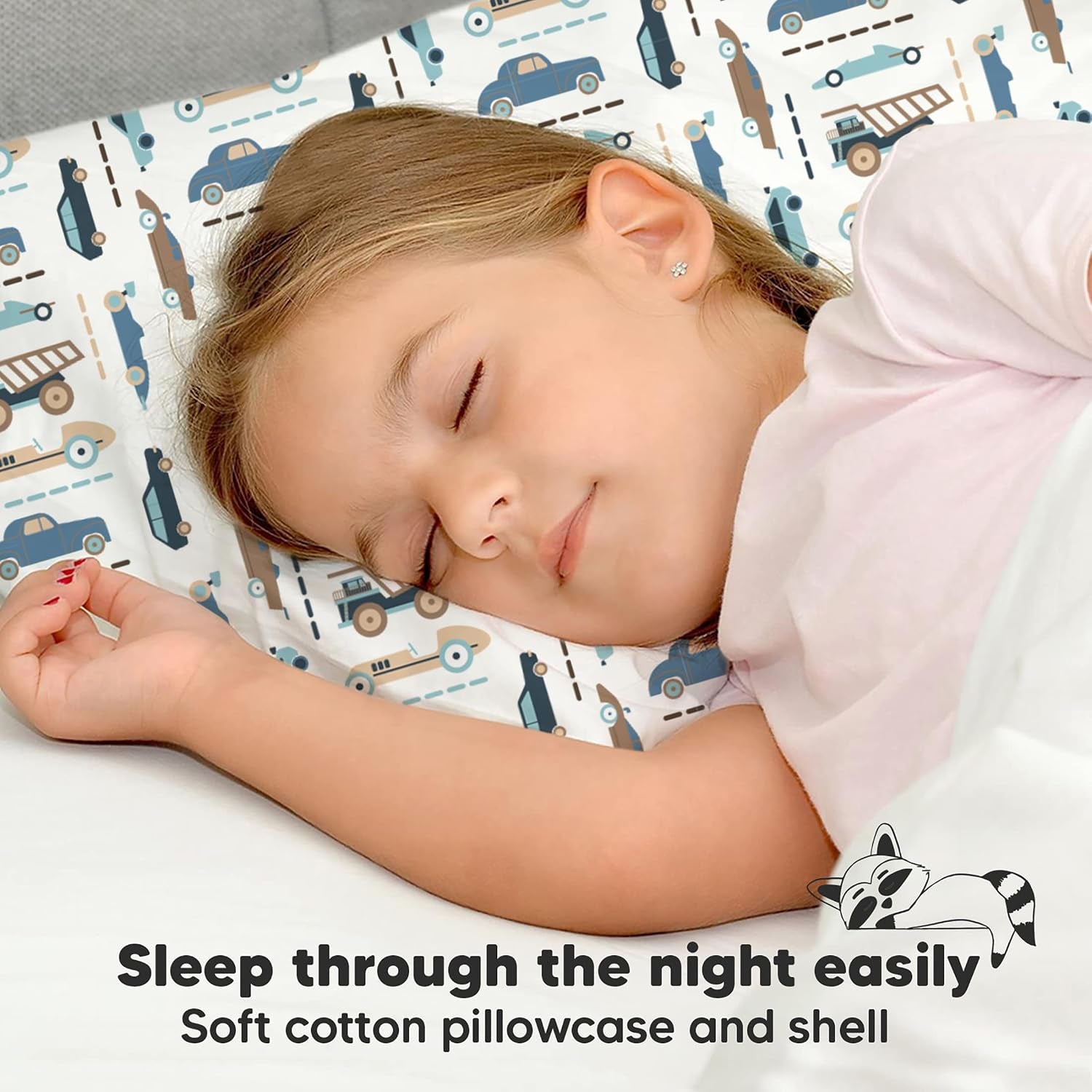 Toddler Pillow with Pillowcase, 13X18 My Little Dreamy Pillow (Vroom) | Kids Travel Bed Pillow for Sleep, Organic Cotton Small Pillowcase, Soft, Breathable, Machine Washable, Toddlers 2-5 Years Old