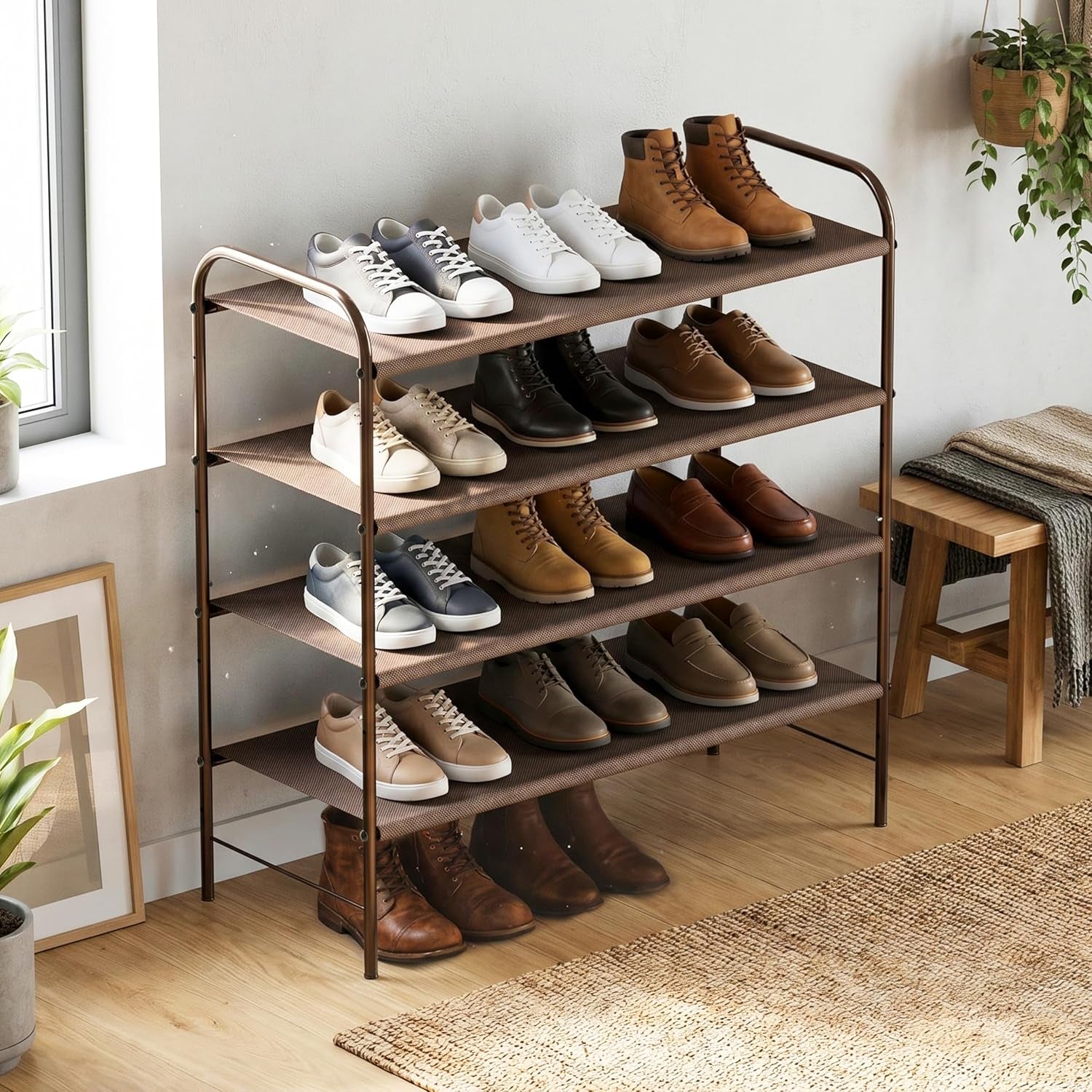 4-Tier Shoe Rack Storage Organizer, 12-20 Pair, Bronze | Space-Saving Shoe Shelf with Sturdy Metal Frame and Non-Woven Fabric Shelves for Entryway, Garage & Corridor