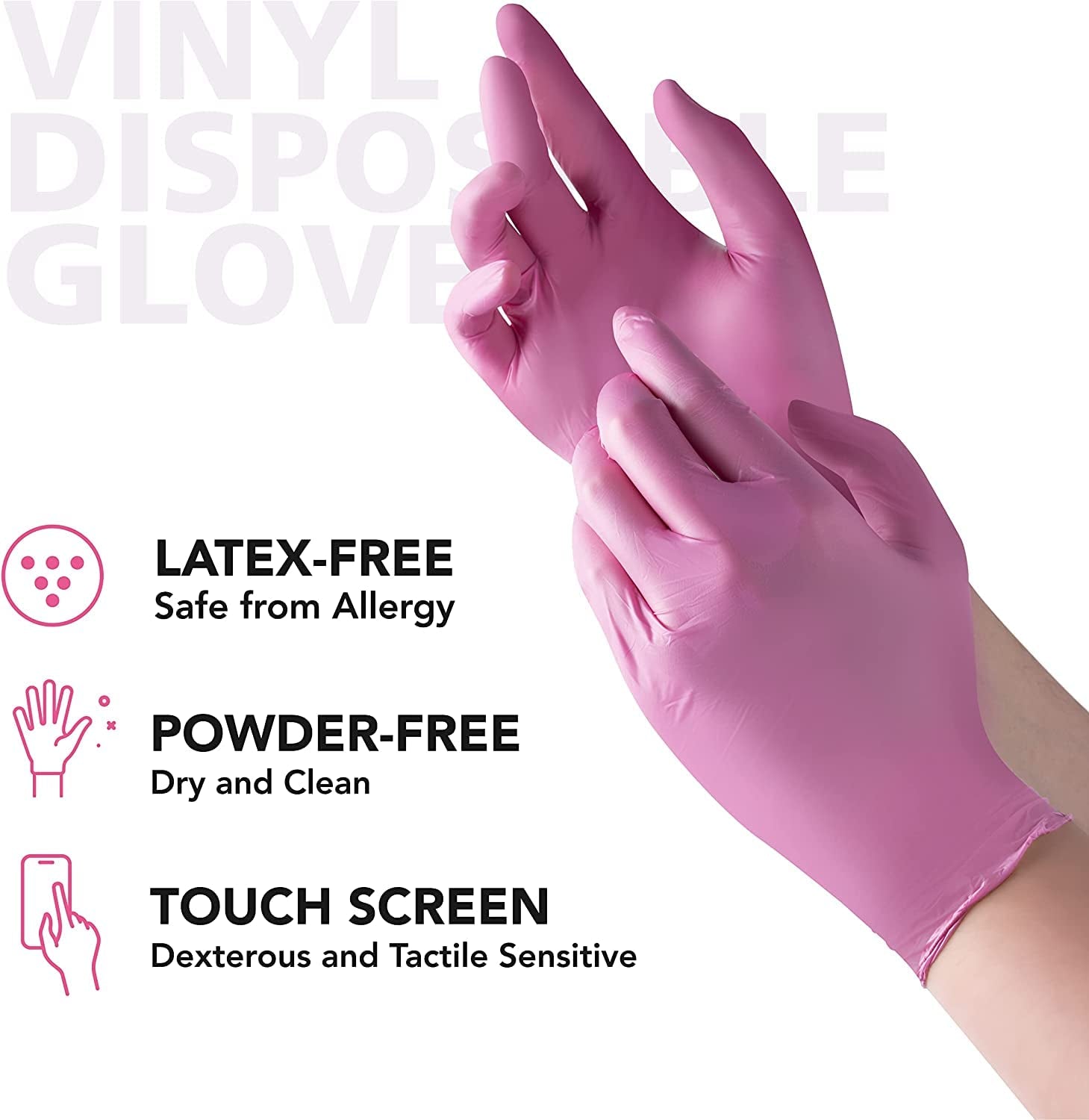 Disposable Gloves for Women, Pink Vinyl Gloves Disposable Latex Free for Cooking, Food Prep, Cleaning, Hair Dye, Tattoo, Medium Duty, Touch Screen, Large, 100 Pack