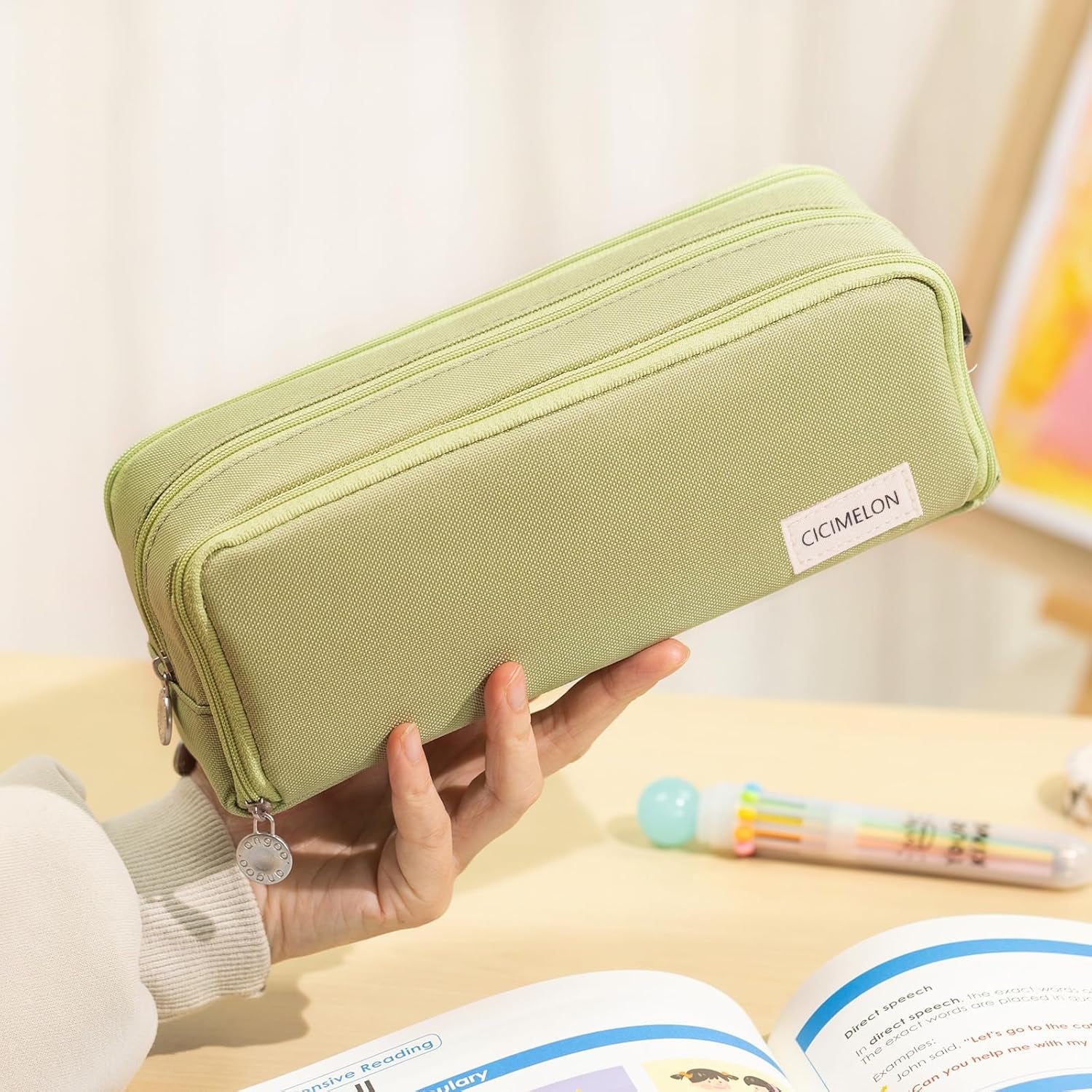 Large Capacity Pencil Case 3 Compartment Pouch Pen Bag for School Teen Girl Boy Men Women (Green)