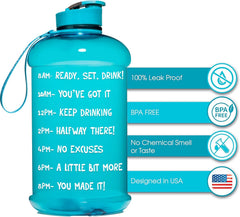 Hydromate Half Gallon Water Bottle with Times to Drink BPA Free Leak Proof Reusable Jug with Handle 64 Oz