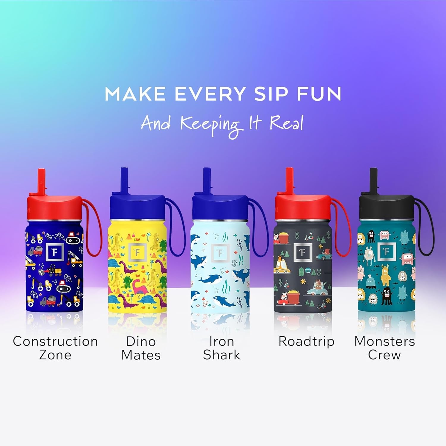 10 Oz Kids Insulated Water Bottle | Vacuum Insulated Kids Water Bottle with Leakproof Straw Lid & 20 Name Stickers - BPA Free (Dino Mates)