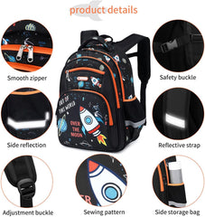 Kids Backpack for School Boys 6-10Age,16In Elementary Space Prints Bookbag | Kindergarten Lightweight Waterproof Large Capacity Sturdy Durable 6-Pockets Chest Buckle and Reflective Stripsfor Backpack