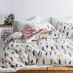 Bohemian Feather Duvet Cover Queen 100% Cotton 3 Pcs Set 1 Blue Brown Boho Duvet Cover with Zipper Ties 2 Pillowcases Abstract Aesthetic Orange Bird Plume Print Bedding Set Soft