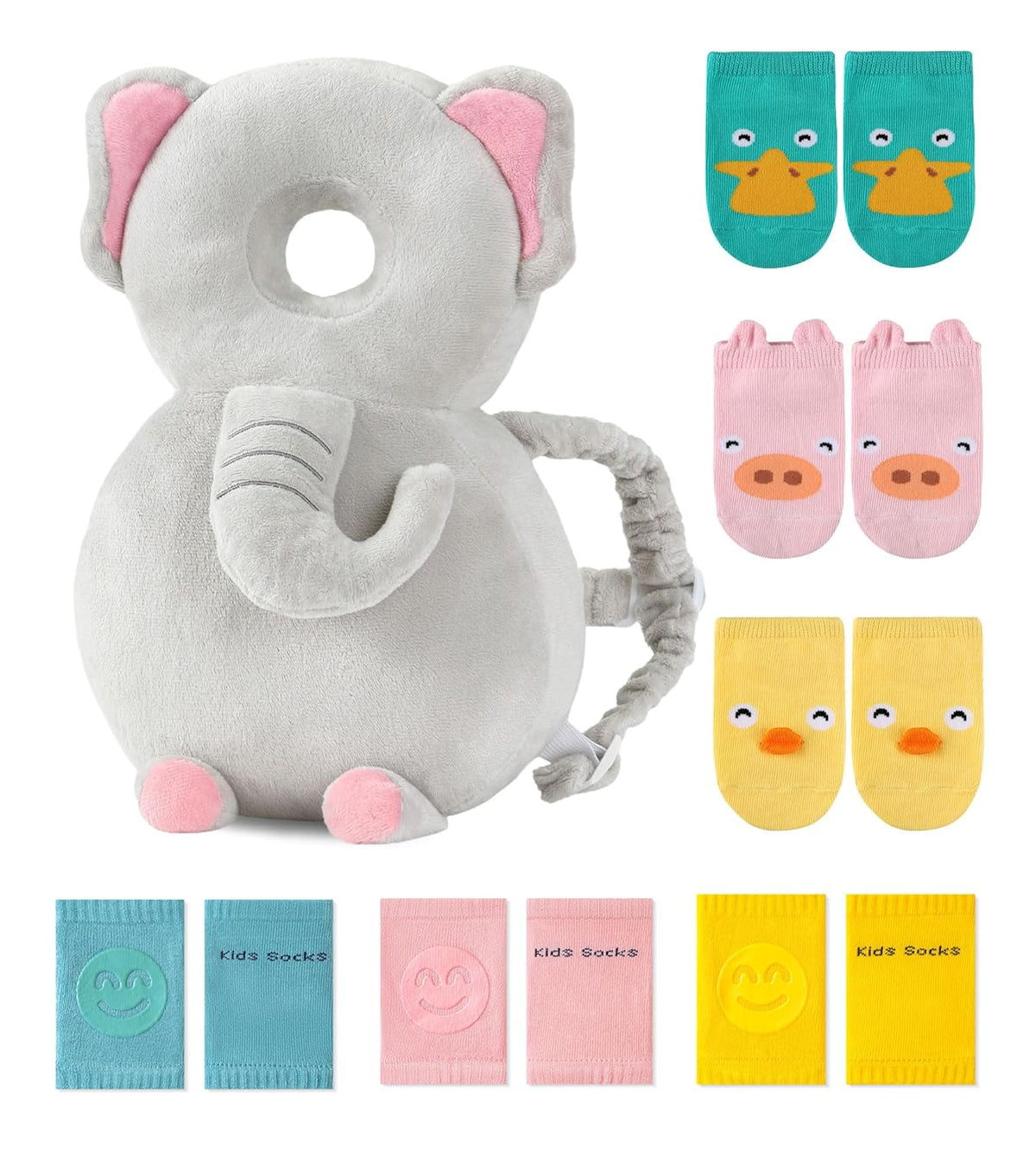 Baby Head Protector Backpack for 3 Knee Pads + 3 Socks, Elephant | Soft, Breathable, Adjustable,Baby Fall Back Head Protector with Knee Pads + Anti-Slip Socks for Crawling Walking Falling