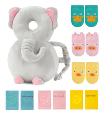 Baby Head Protector Backpack for 3 Knee Pads + 3 Socks, Elephant | Soft, Breathable, Adjustable,Baby Fall Back Head Protector with Knee Pads + Anti-Slip Socks for Crawling Walking Falling