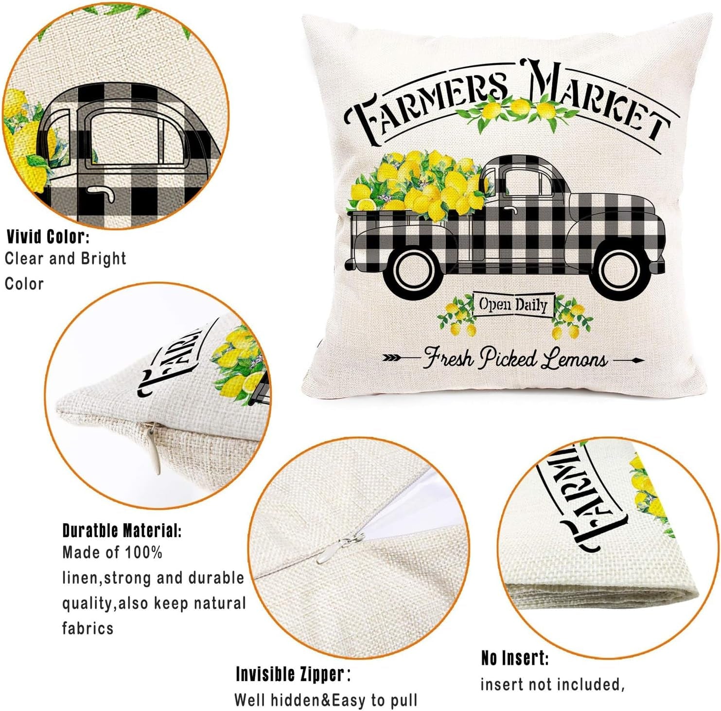 Summer Throw Pillow Covers 16X16, Lemon Pillow Covers(No Insert) | Set of 4, Outdoor Pillows Cover, Lemmon, Gnome, Truck, Farmhouse, Decorative Buffalo Plaid, Cushion, Bedroom, Indoor Decor