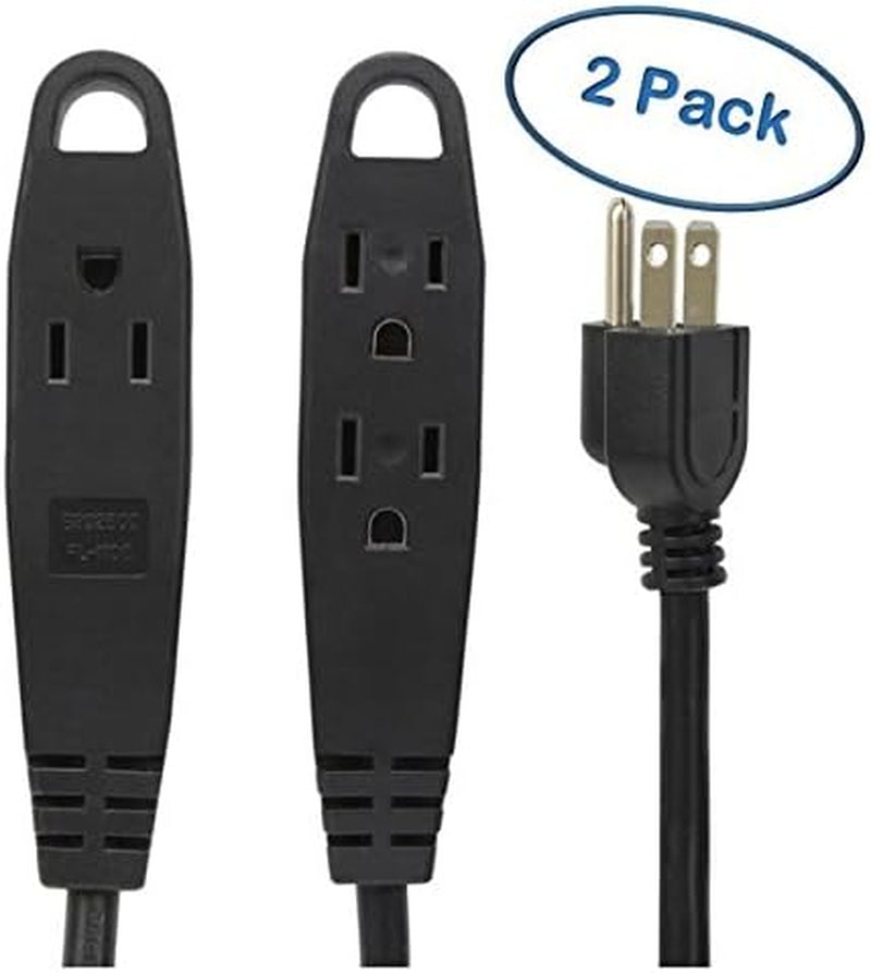 10 Feet Extension Cord/Wire, 3 Prong Grounded, 3 Outlets, Heavy Duty, Black (2 Pack)